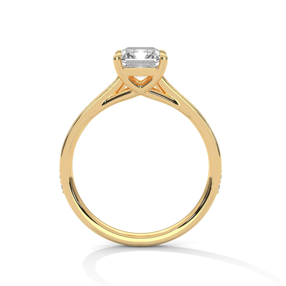 Gold ring with a large diamond on a white background 