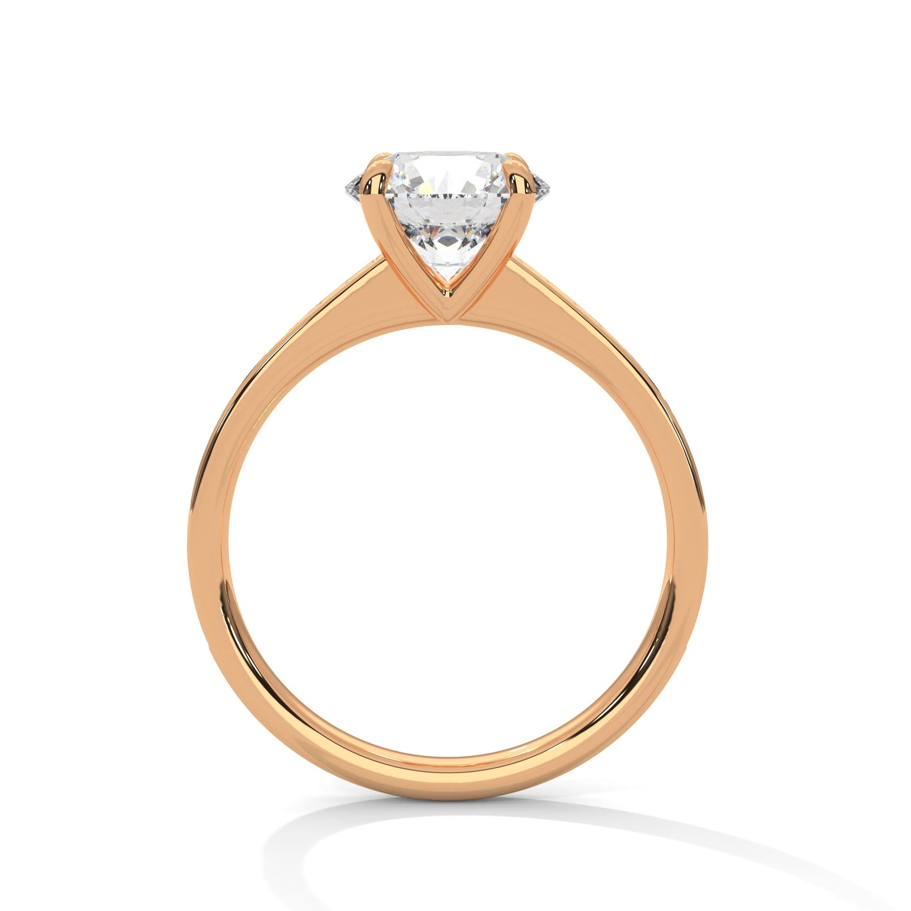 Rose gold ring with a large diamond on a white background 