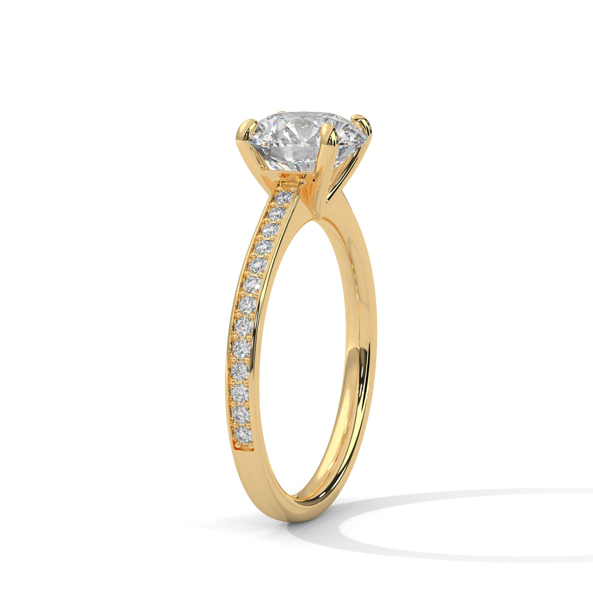 Gold ring with a large diamond on a white background 