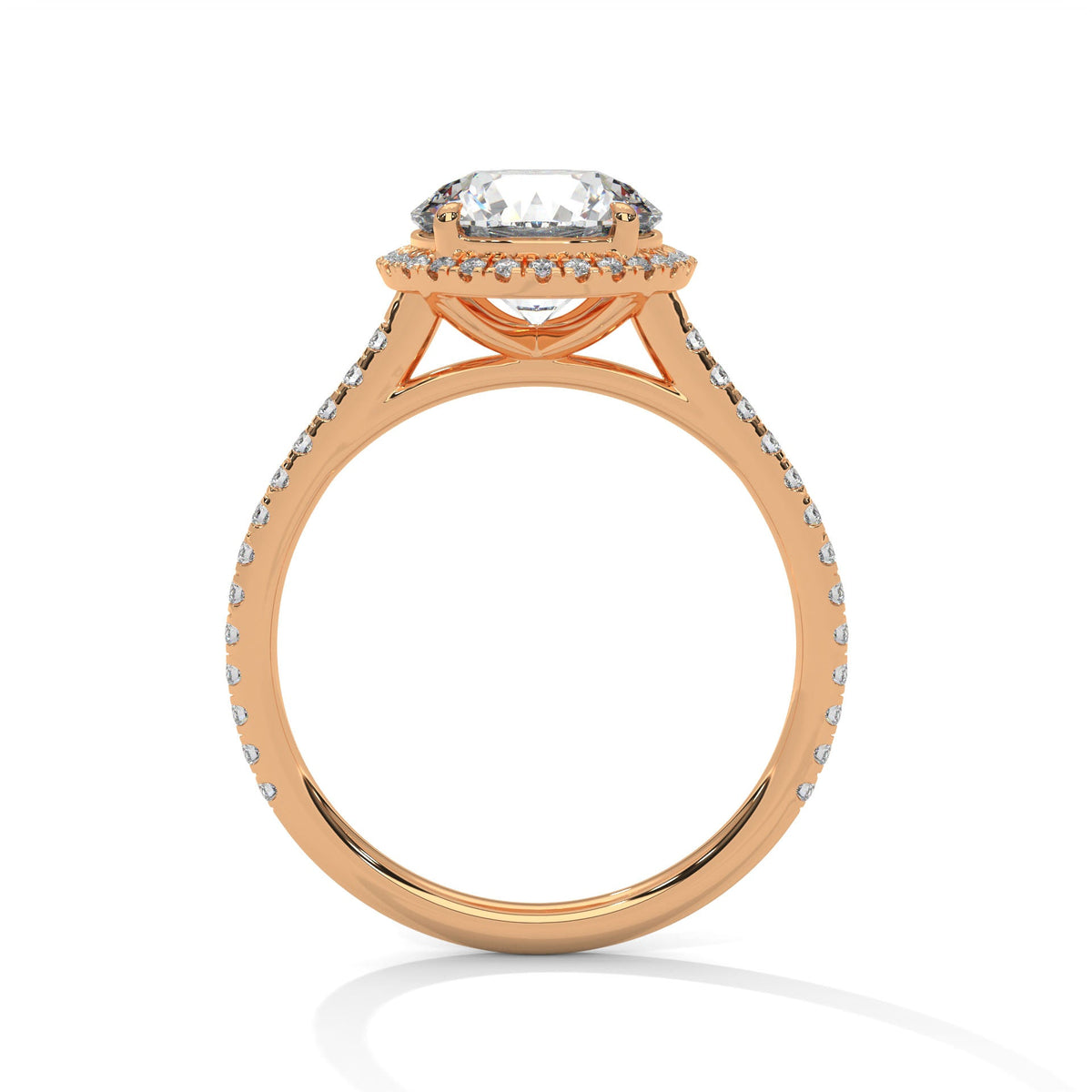 Rose gold ring with a large diamond on a white background 