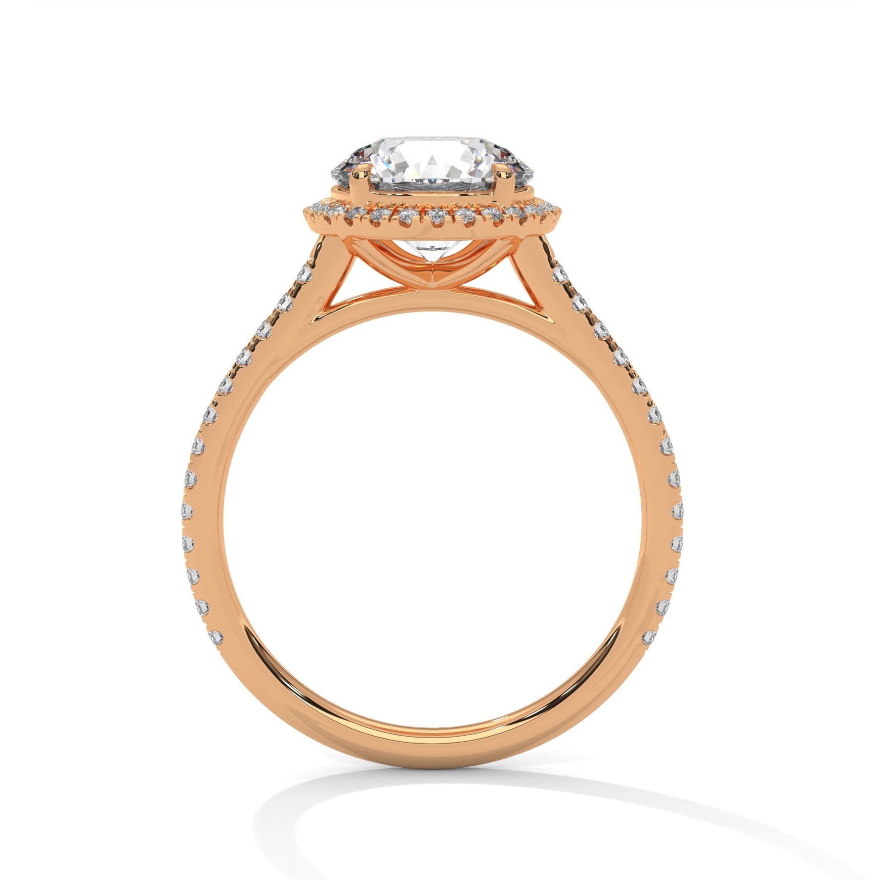 Rose gold ring with a large diamond on a white background 