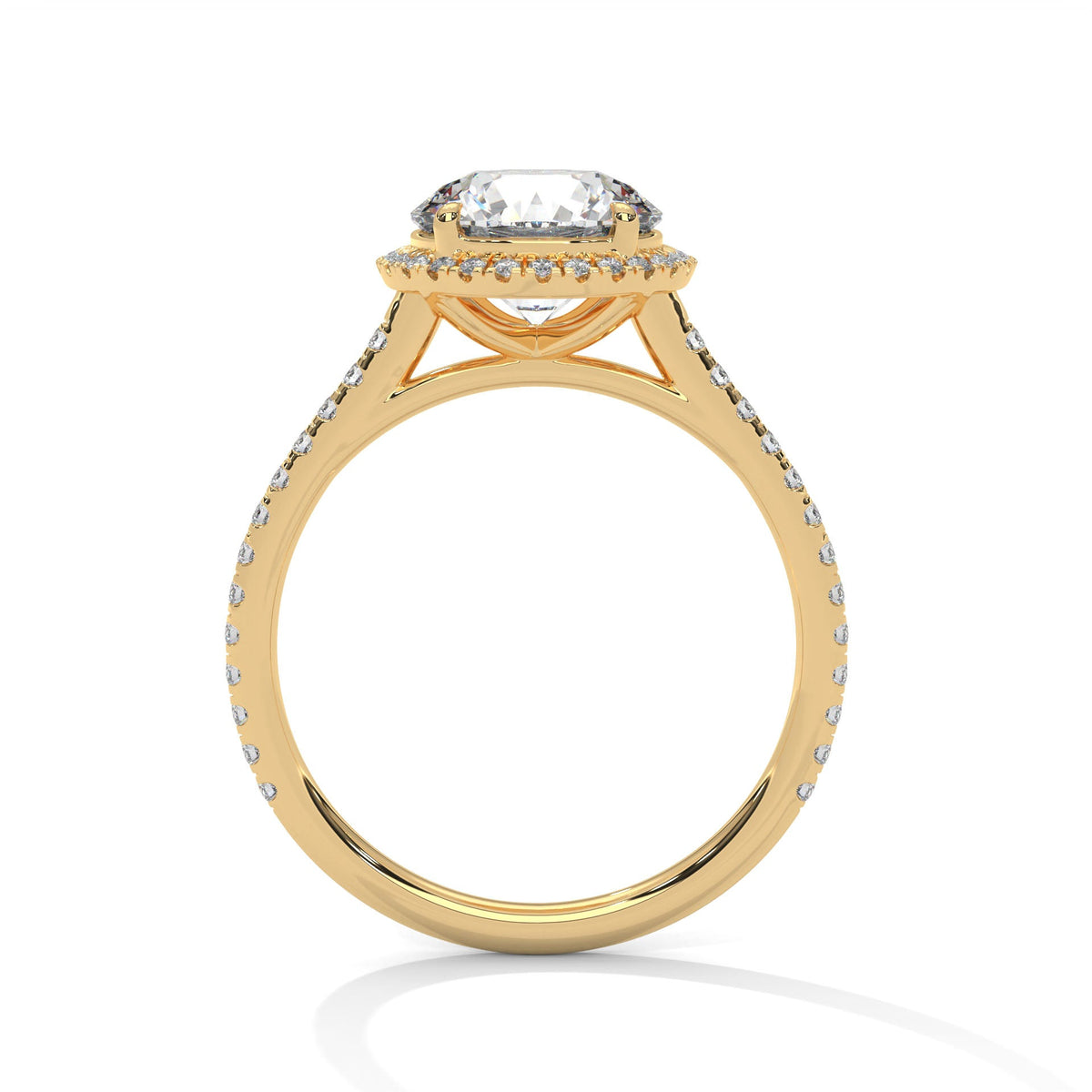 Gold ring with a large diamond on a white background 