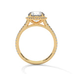 Gold ring with a large diamond on a white background 
