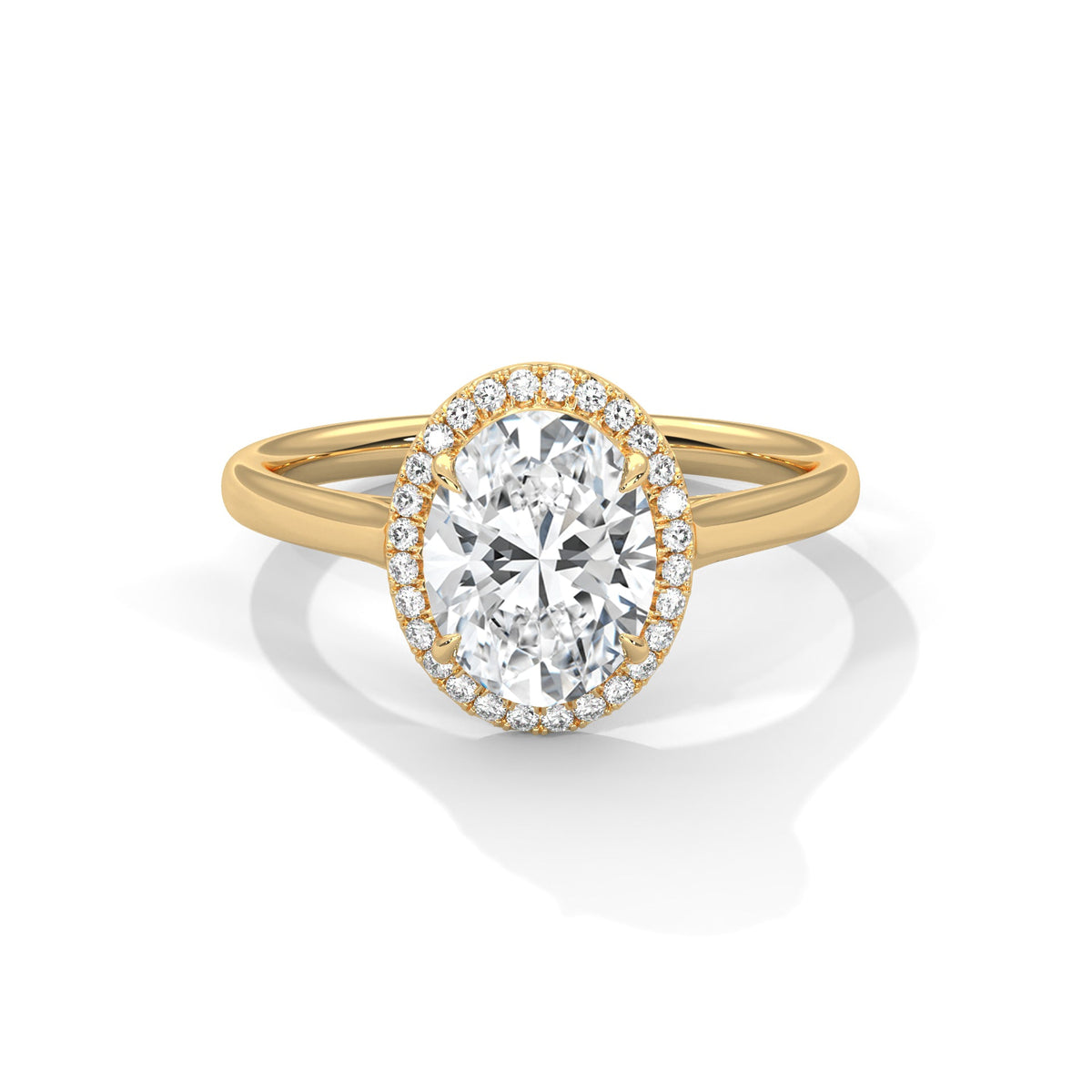 Gold ring with a large diamond on a white background 