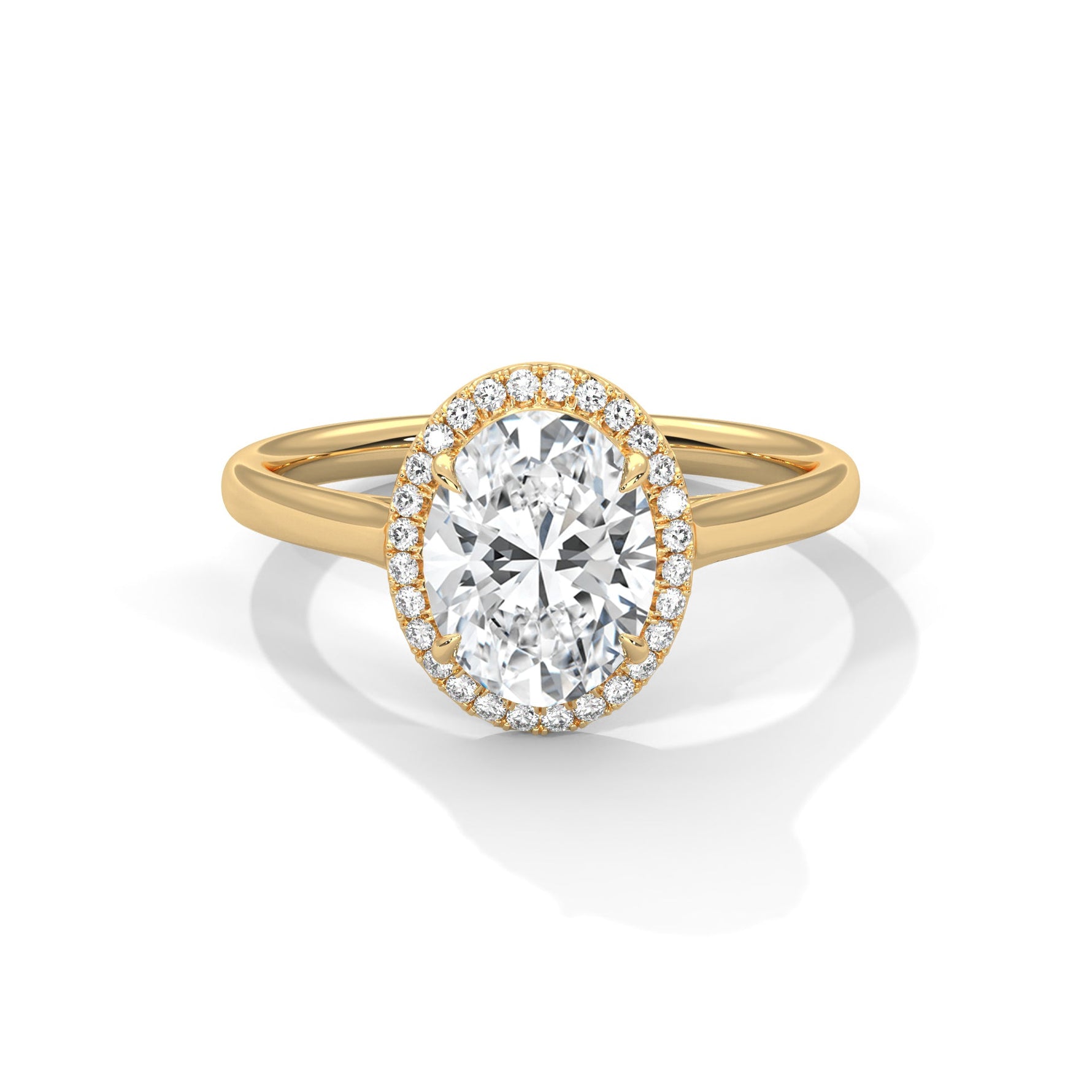 Gold ring with a large diamond on a white background 