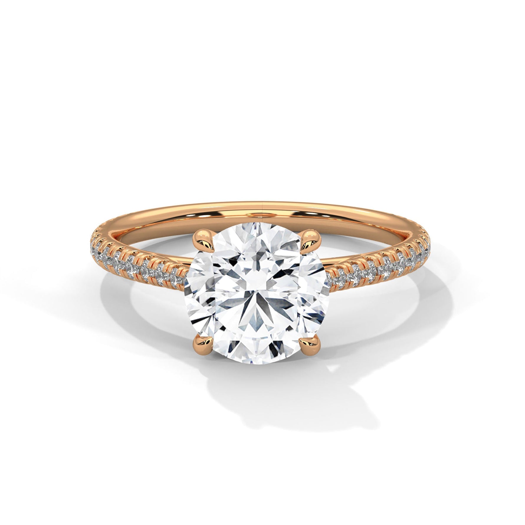 Rose gold ring with a large diamond on a white background #rose-gold