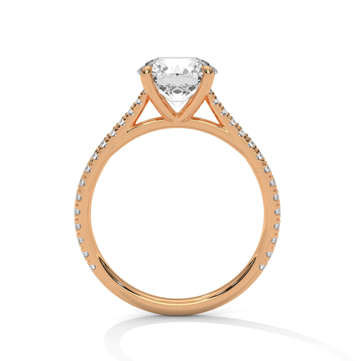 Rose gold ring with a large diamond on a white background 