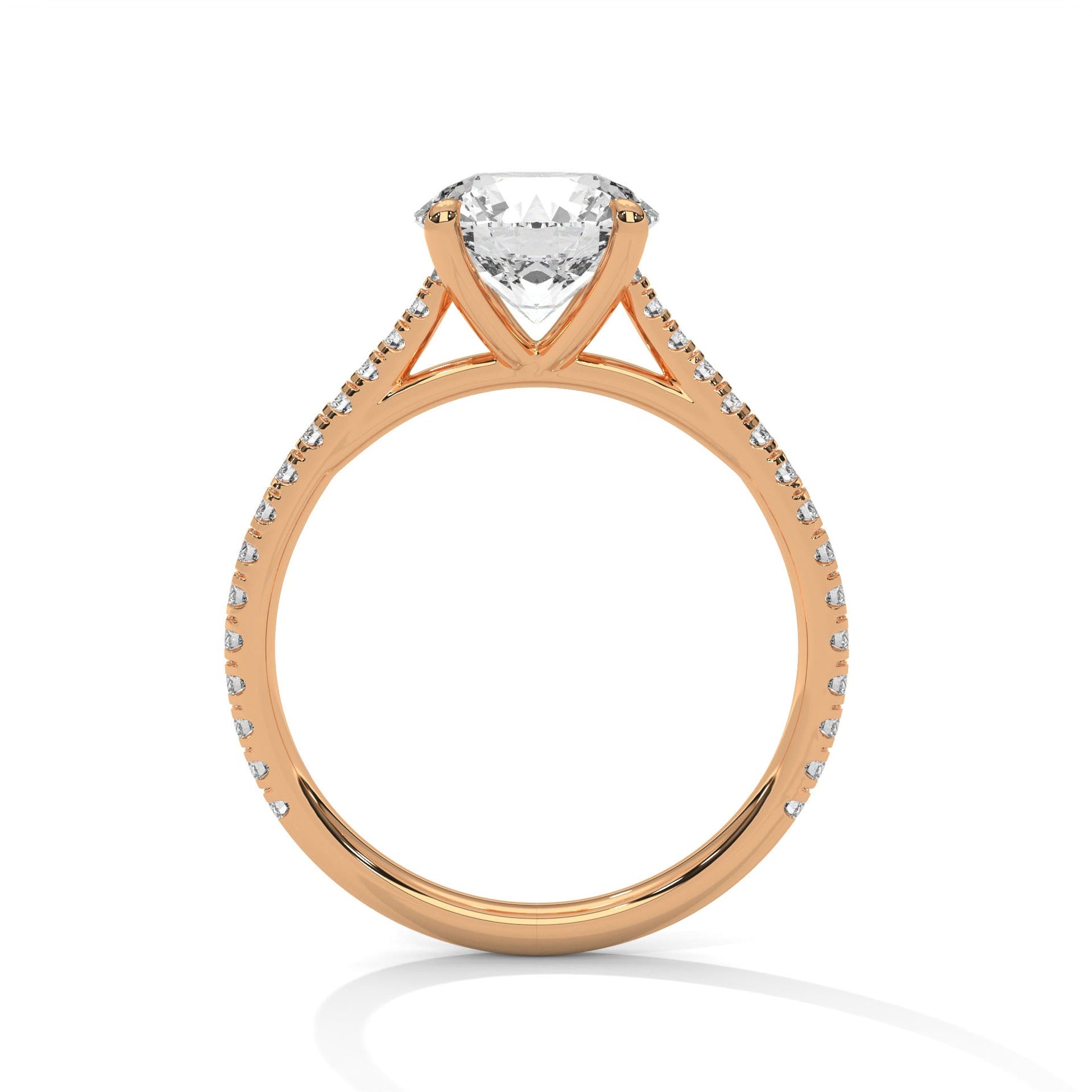 Rose gold ring with a large diamond on a white background 