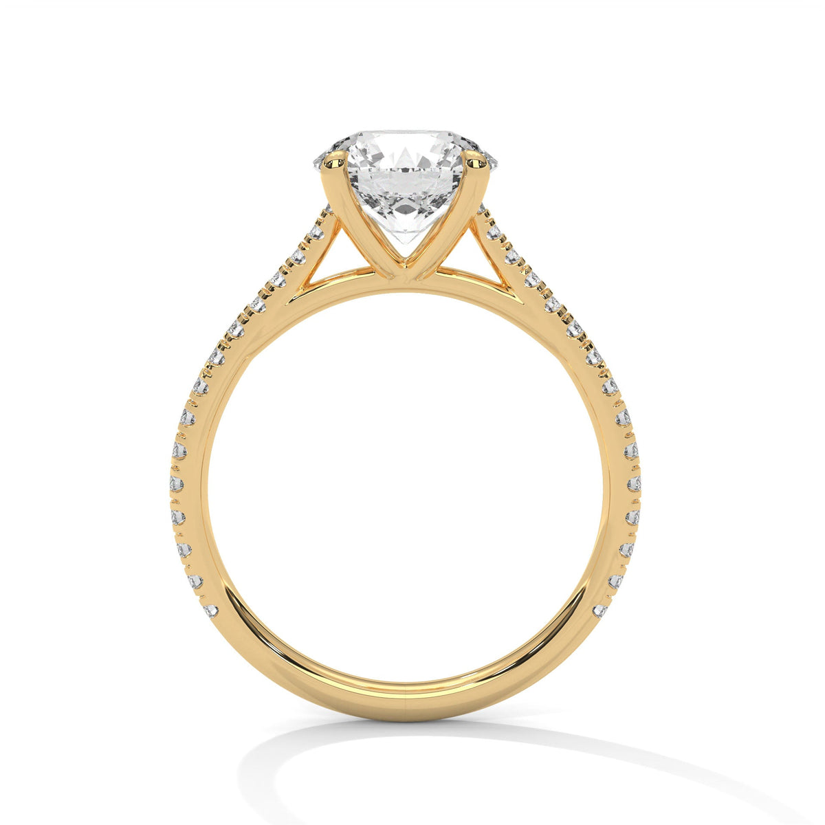 Gold ring with a large diamond on a white background 