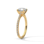 Gold ring with a large diamond on a white background 