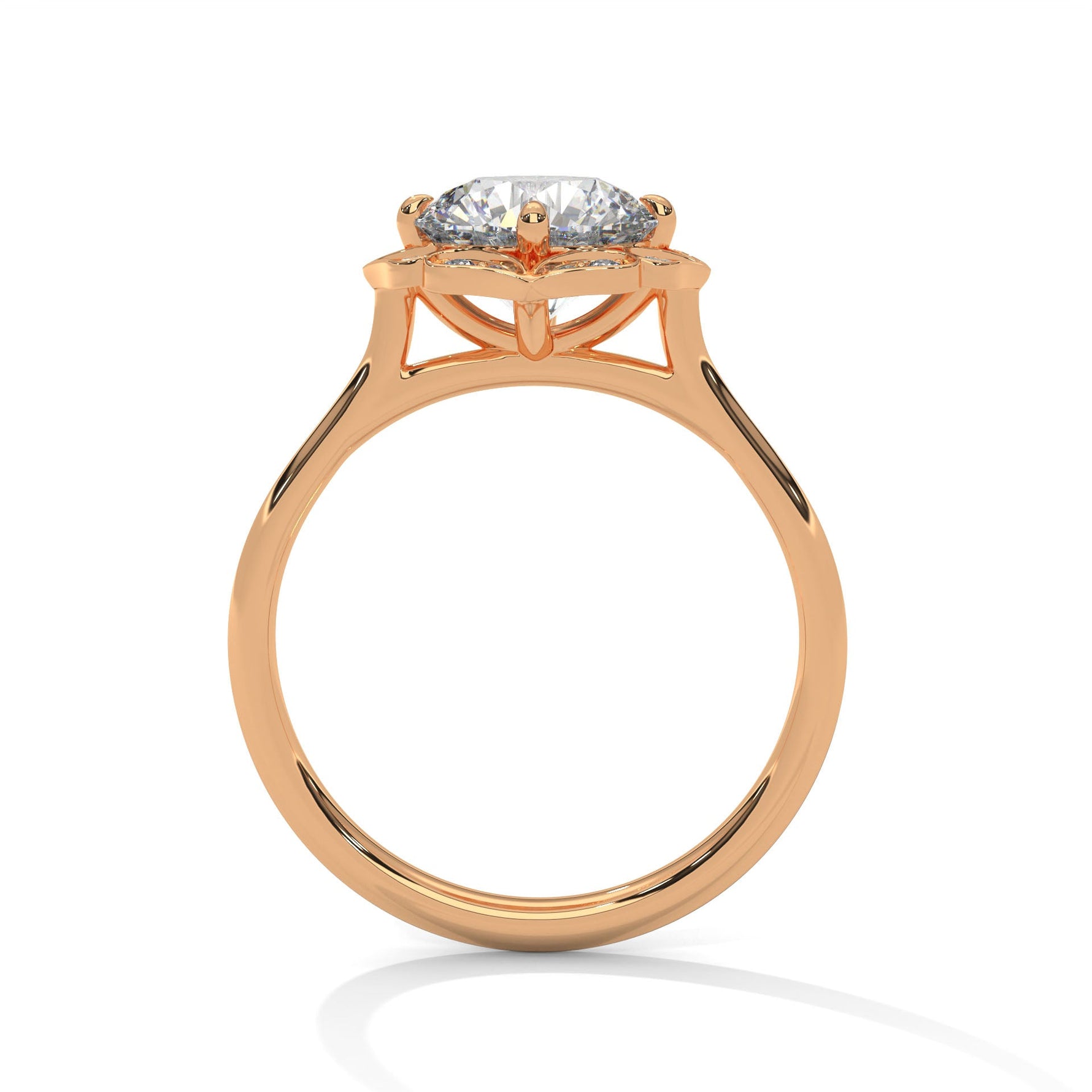 Rose gold ring with a large diamond on a white background 