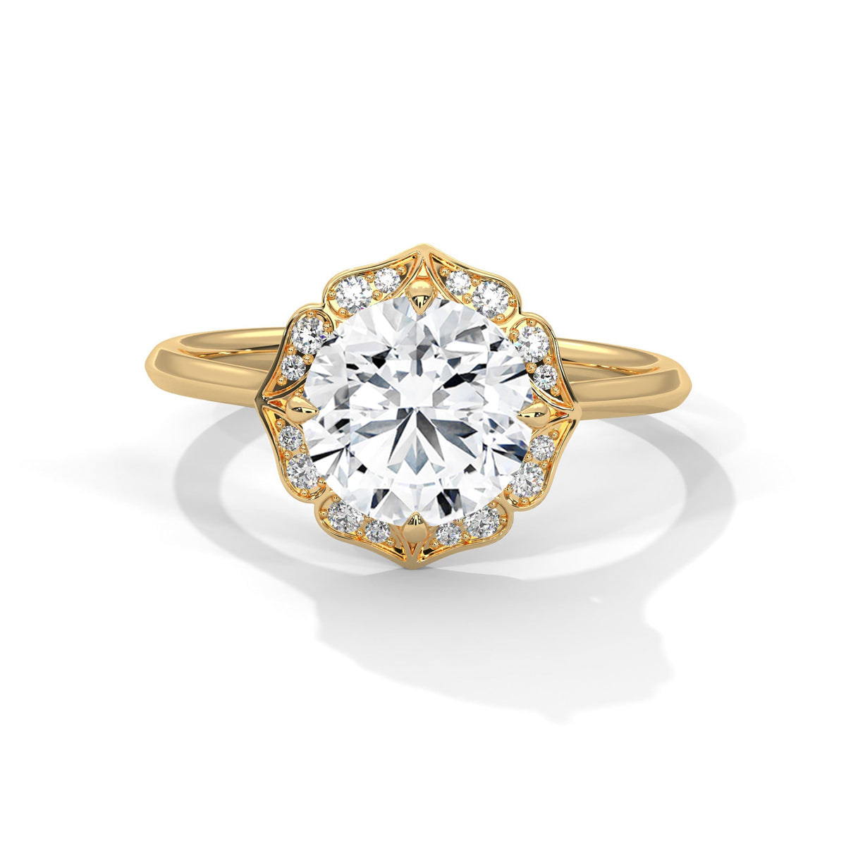 Gold ring with a large diamond on a white background 