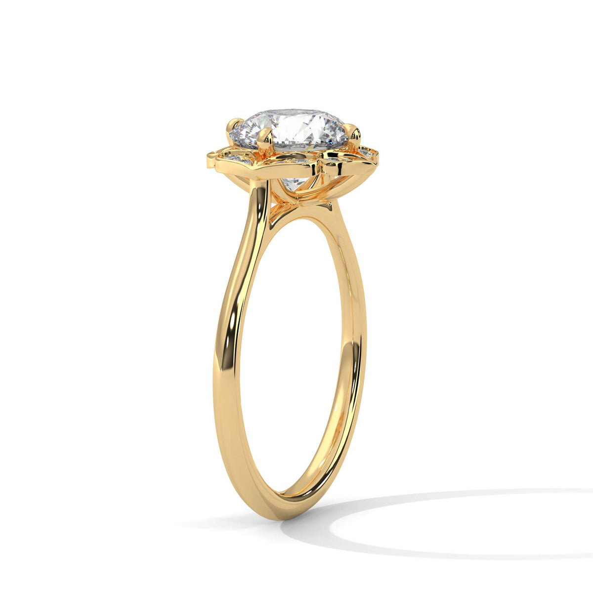Gold ring with a large diamond on a white background 