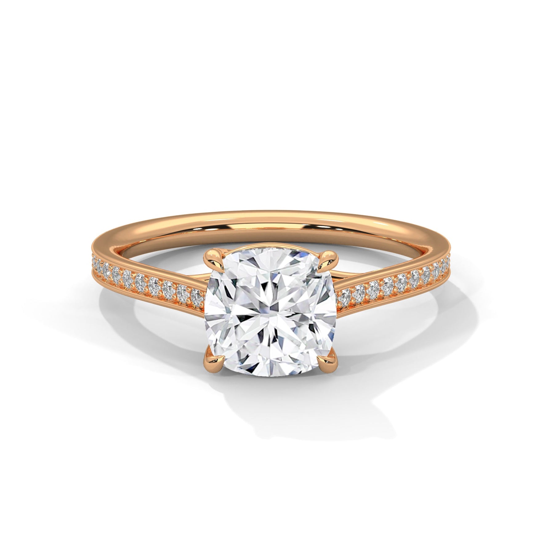 Rose gold ring with a large diamond on a white background #rose-gold