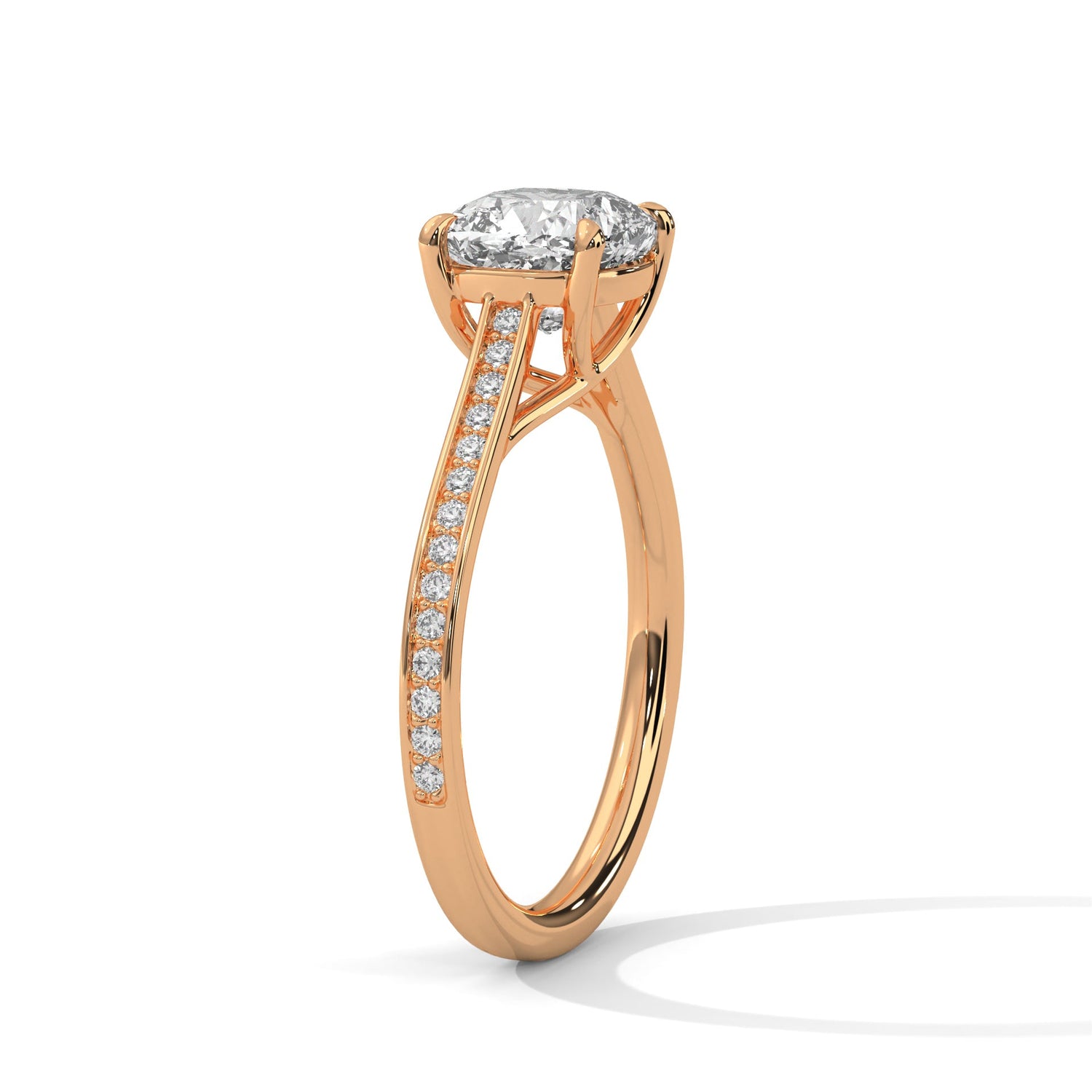 Rose gold ring with a large diamond on a white background 