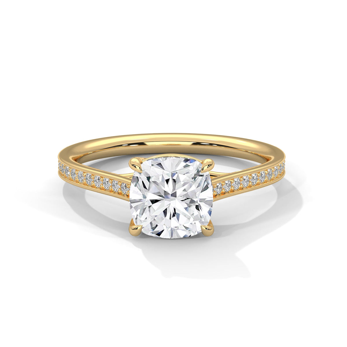 Gold ring with a large diamond on a white background 