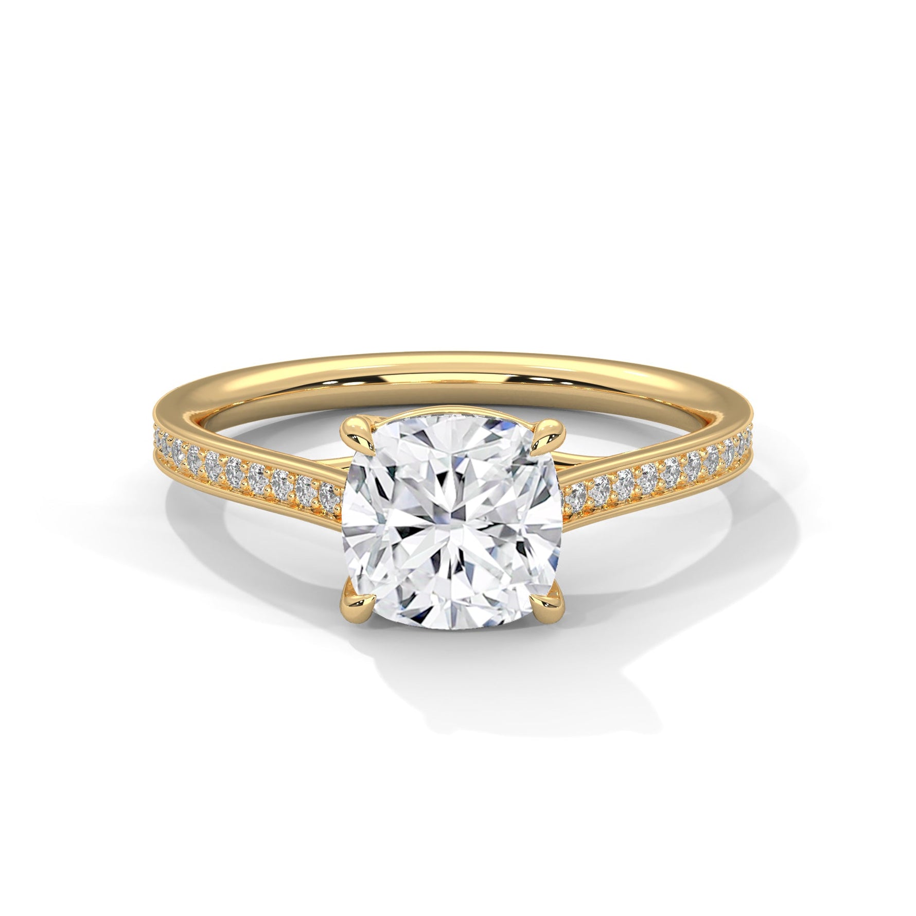 Gold ring with a large diamond on a white background 