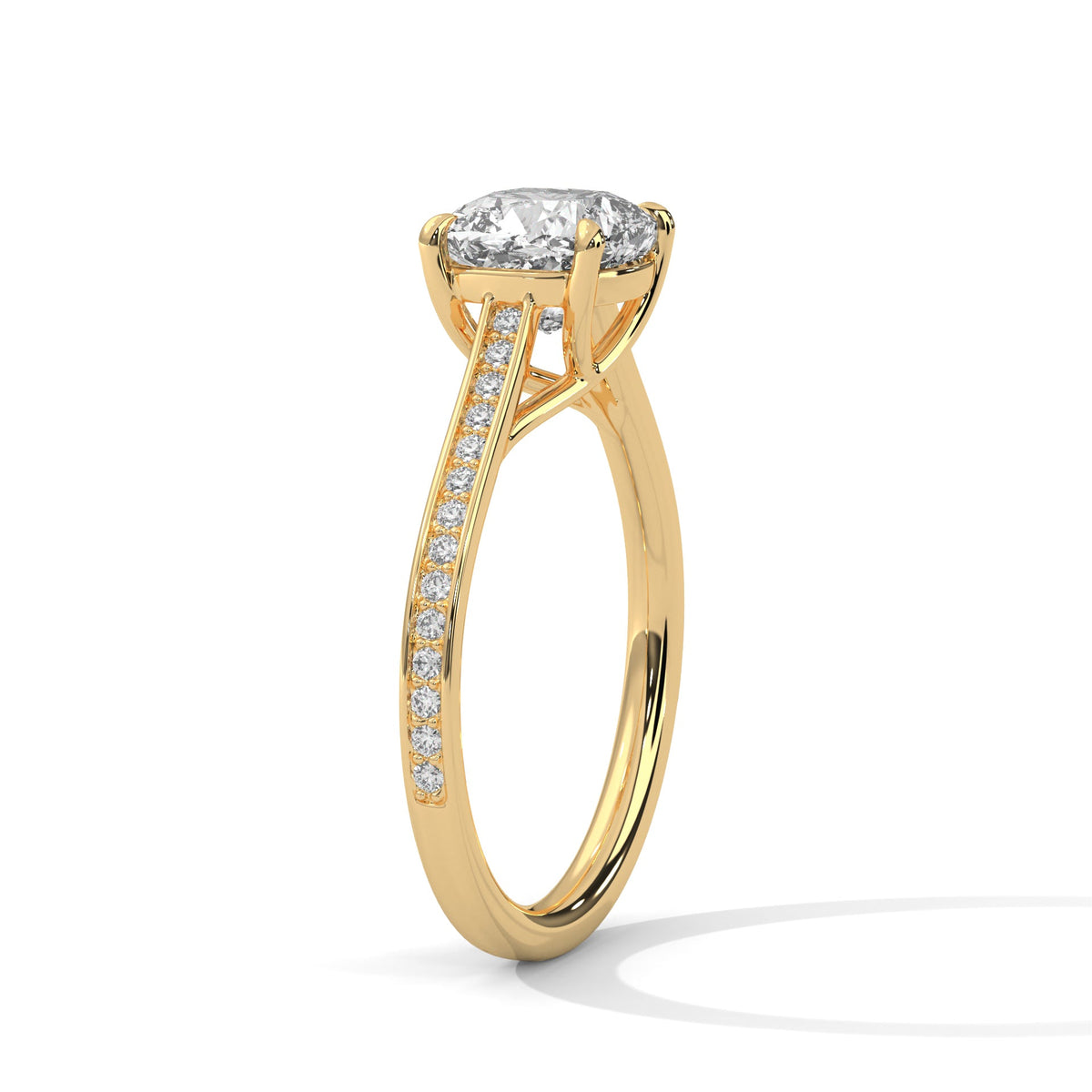 Gold ring with a large diamond on a white background 