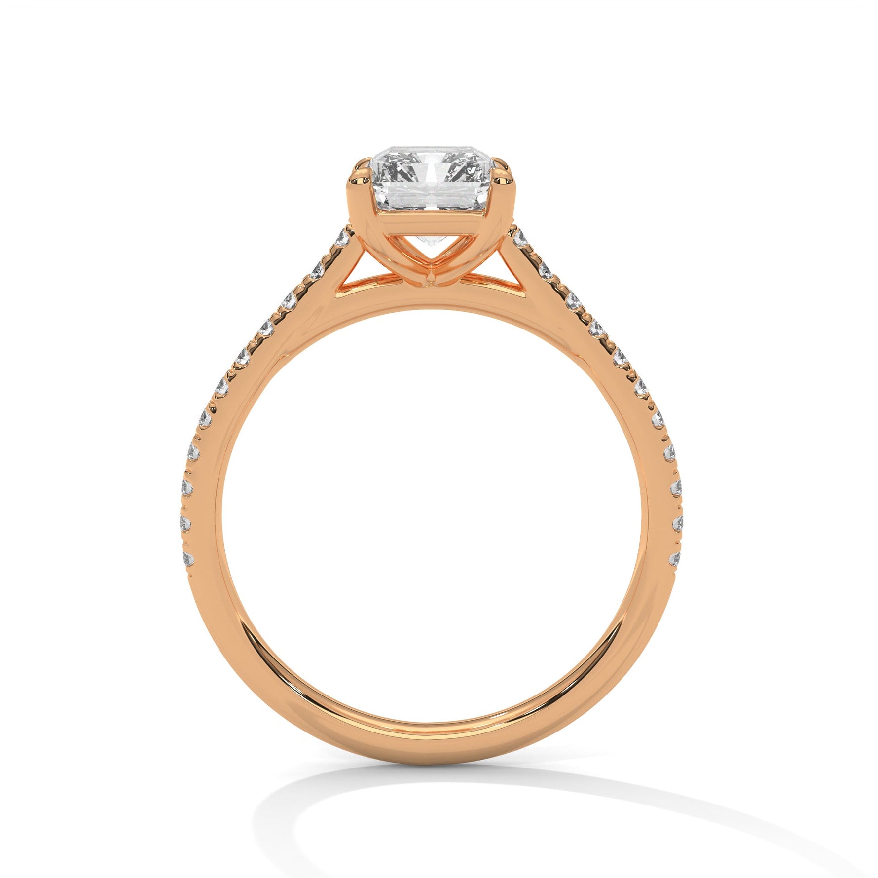 Rose gold ring with a large diamond on a white background 