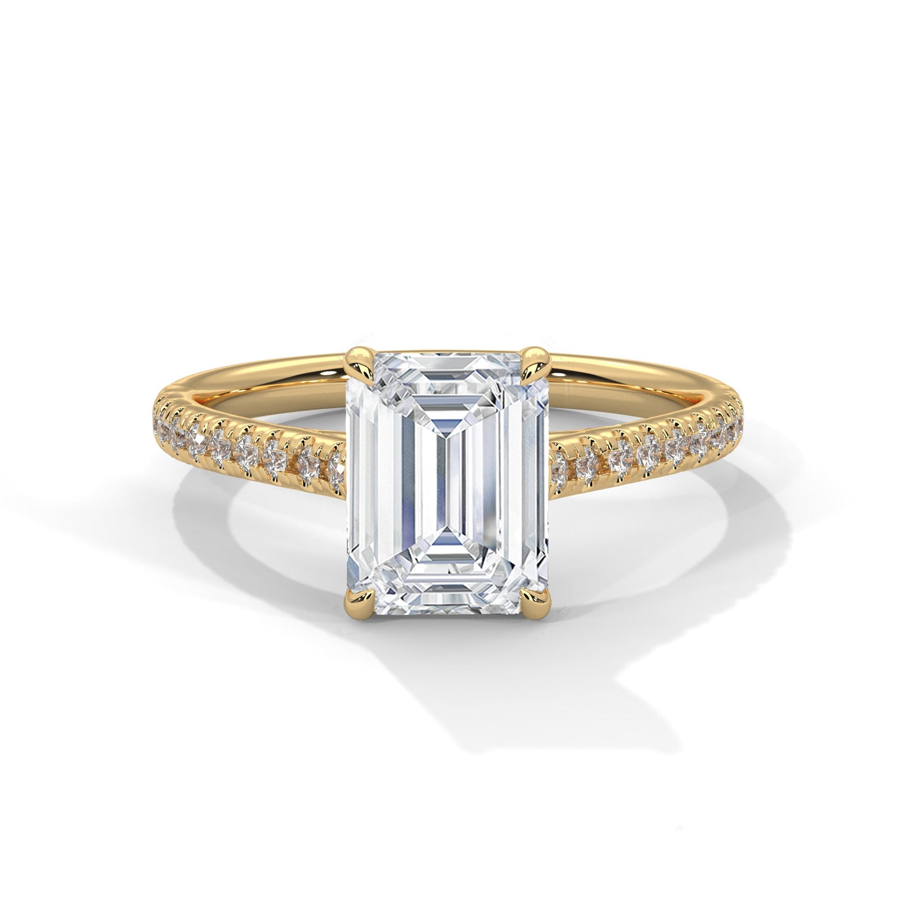 Gold ring with a large diamond on a white background 