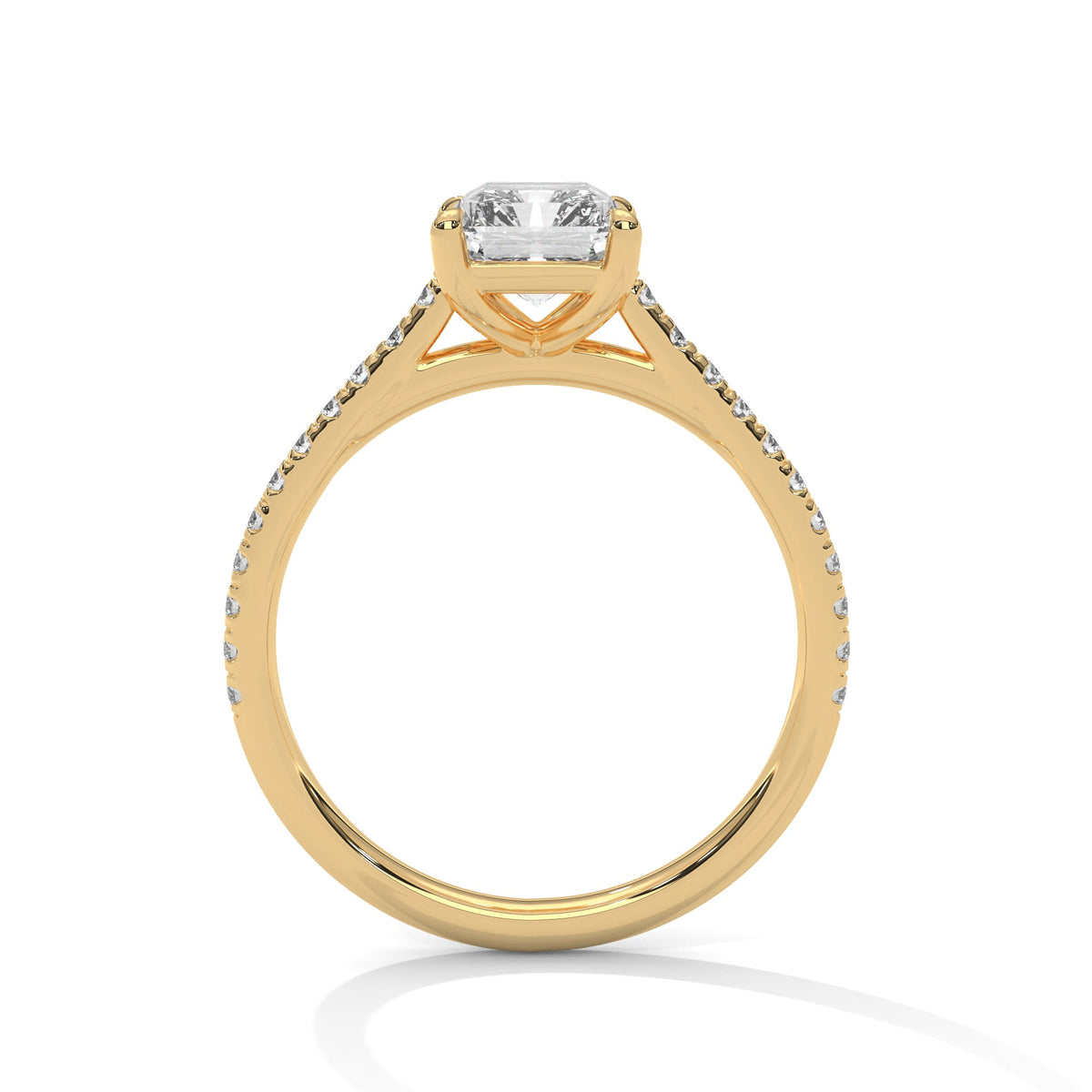 Gold ring with a large diamond on a white background 