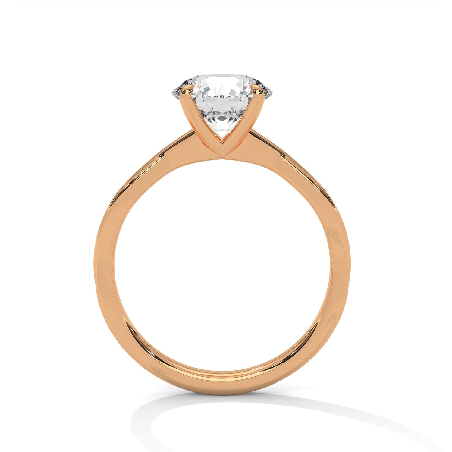 Rose gold ring with a large diamond on a white background 