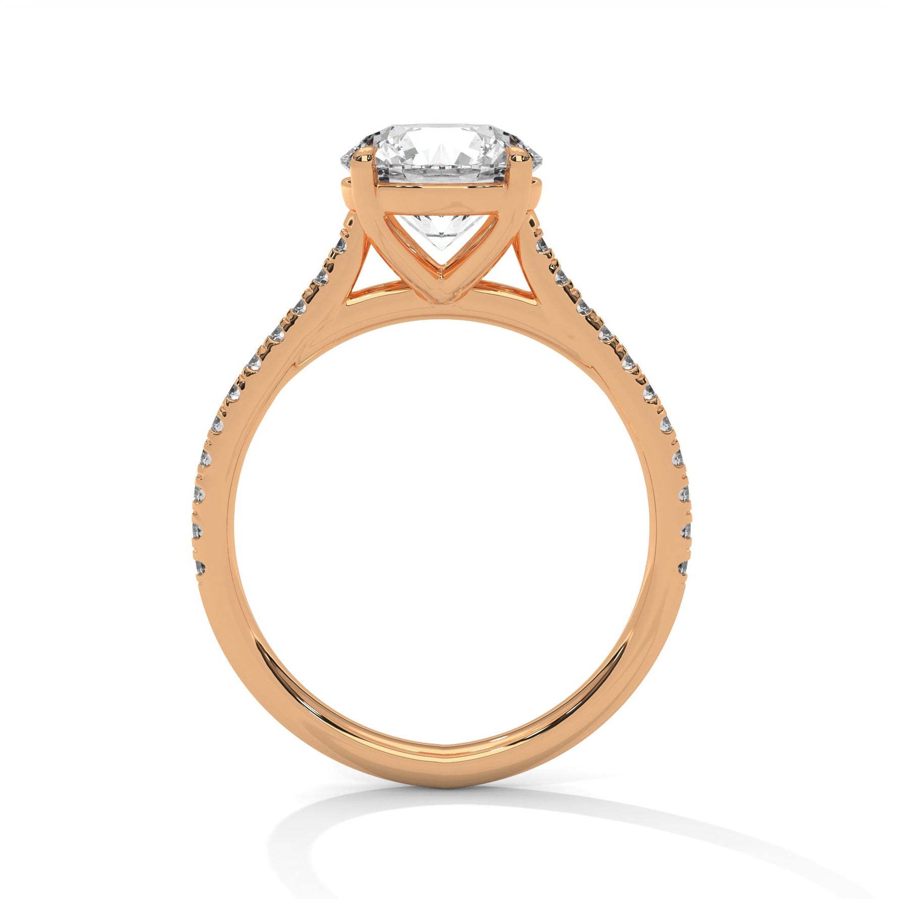 Rose gold ring with a large diamond on a white background 