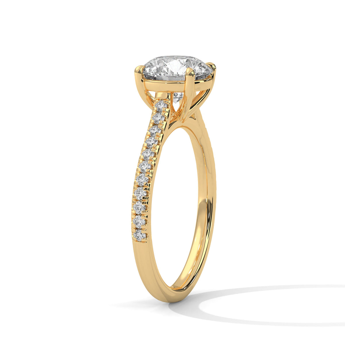 Gold ring with a large diamond on a white background 