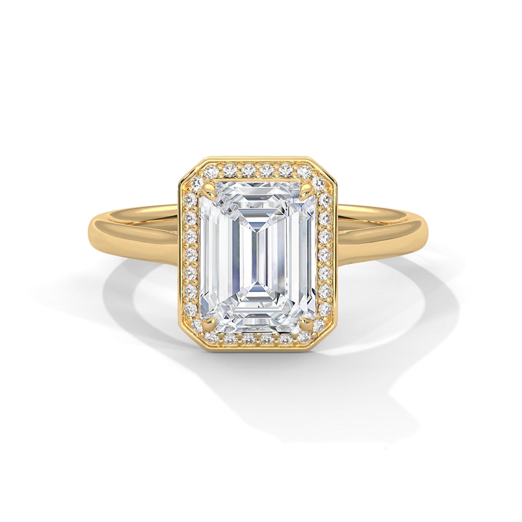 Gold ring with a large diamond on a white background 