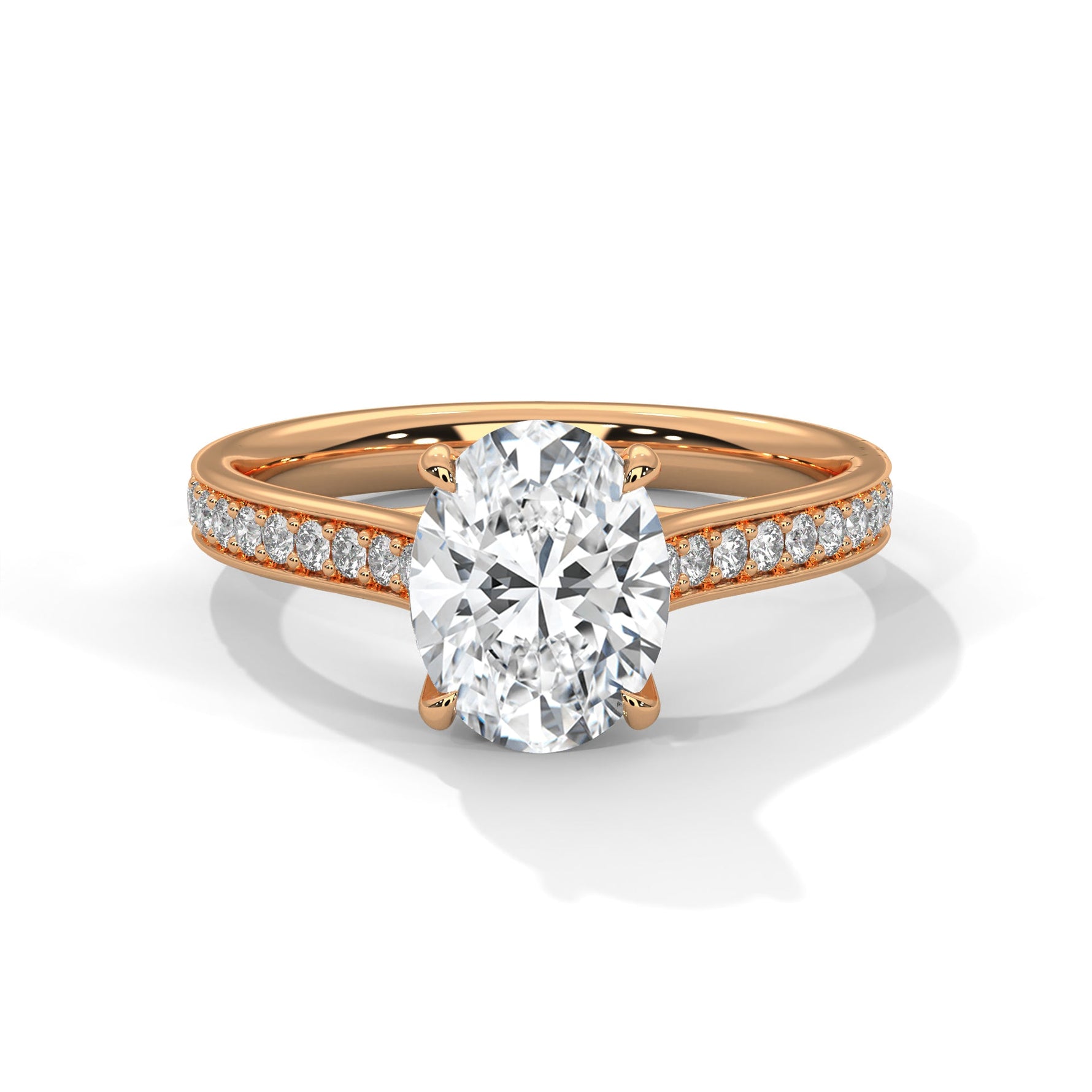 Rose gold ring with a large diamond on a white background #rose-gold