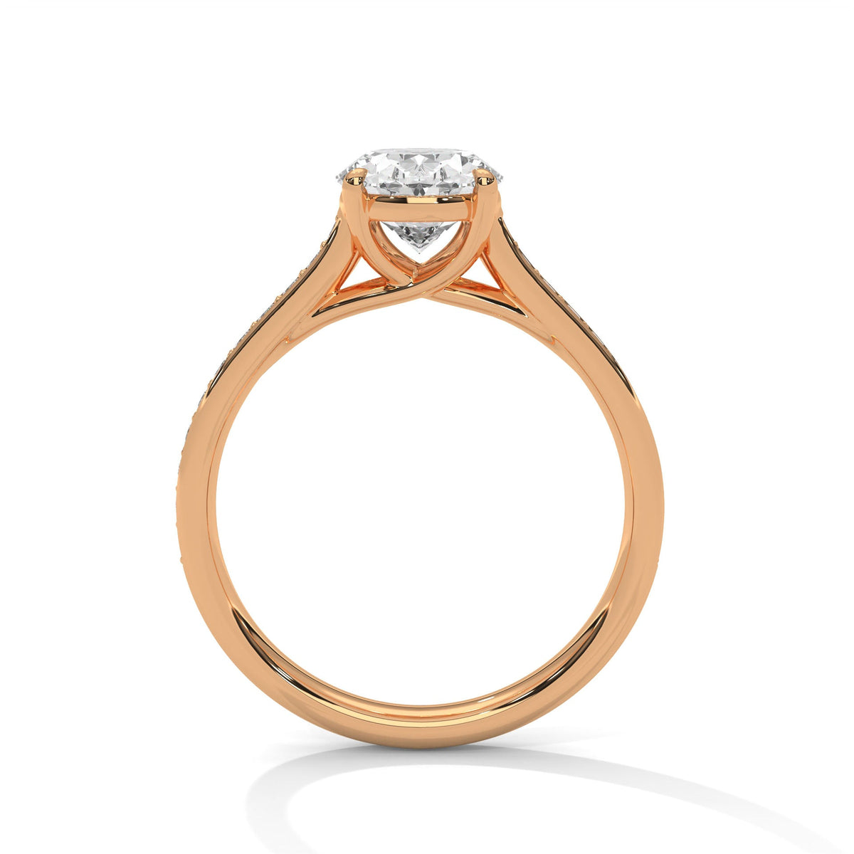 Rose gold ring with a large diamond on a white background 