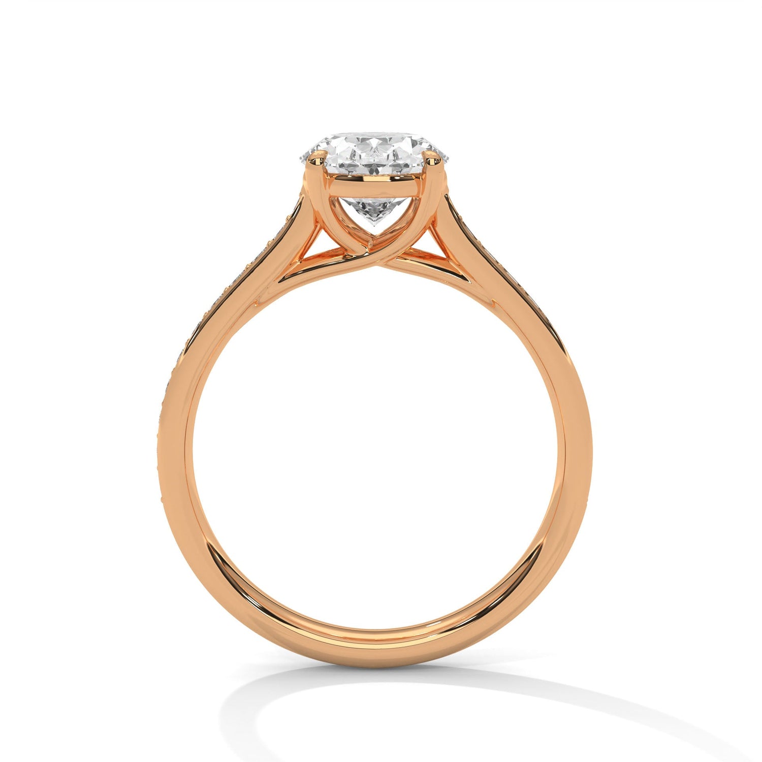 Rose gold ring with a large diamond on a white background 