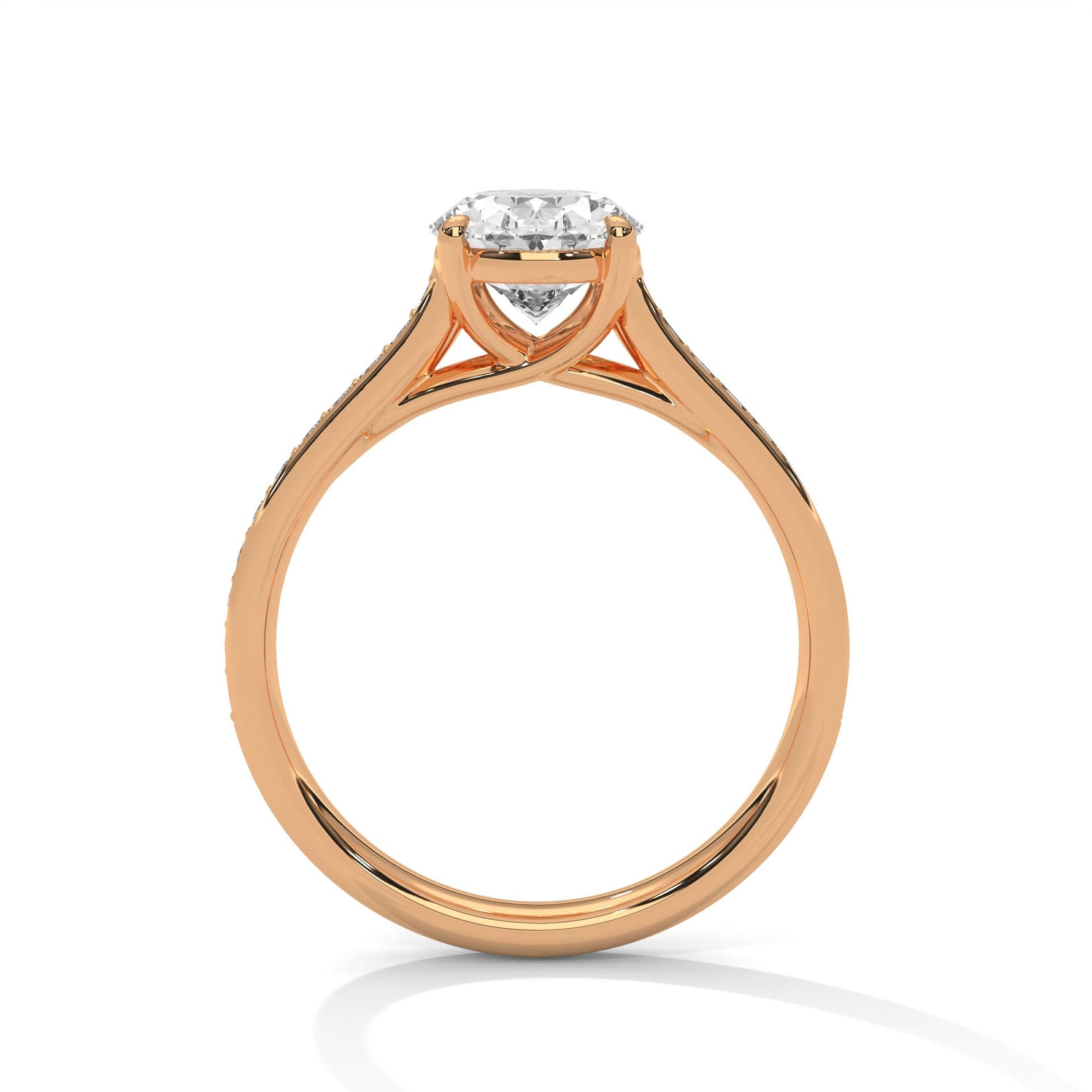 Rose gold ring with a large diamond on a white background 