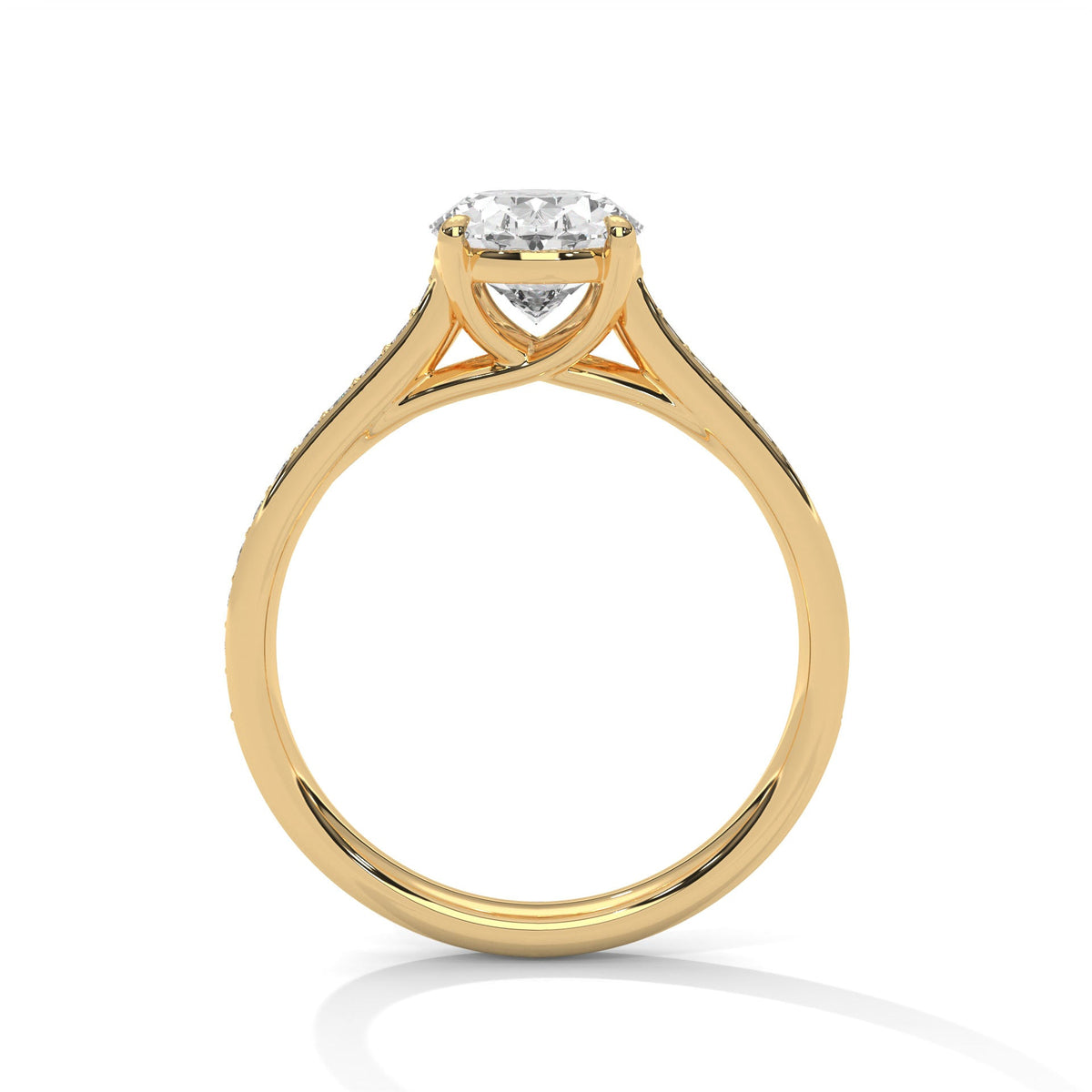 Gold ring with a large diamond on a white background 