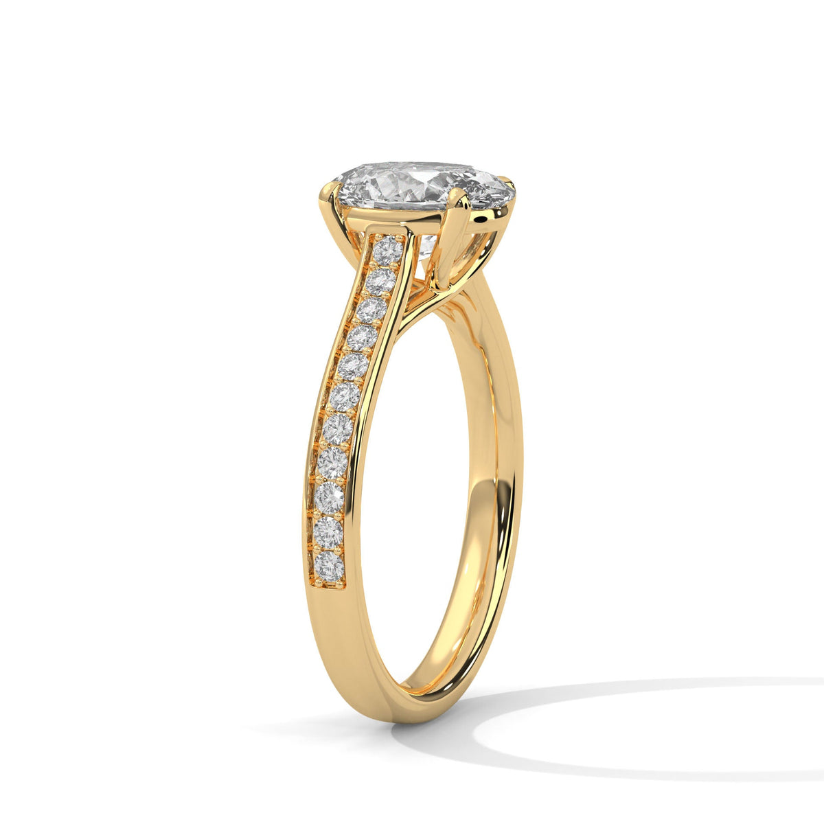 Gold ring with a large diamond on a white background 