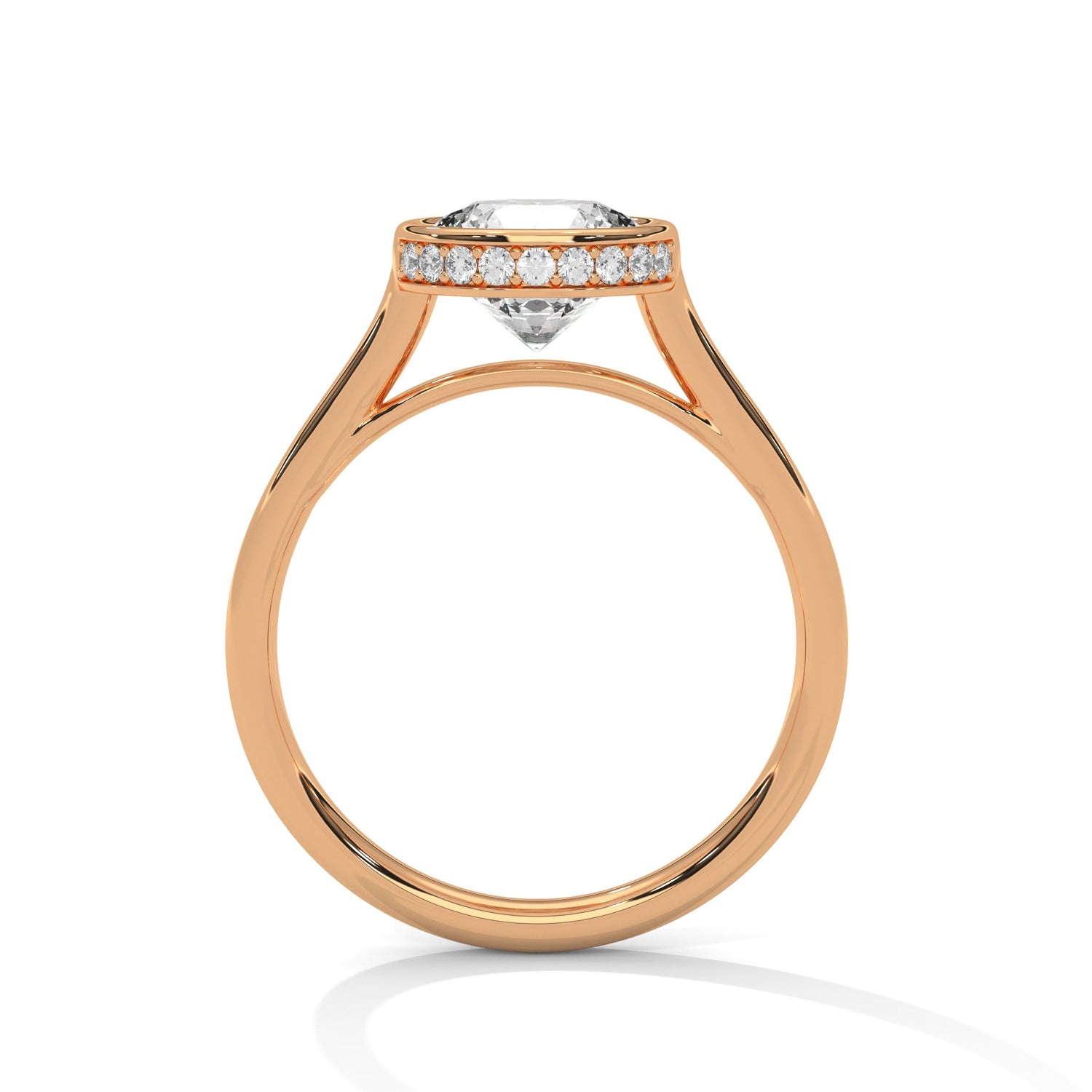 Rose gold ring with a large diamond on a white background 