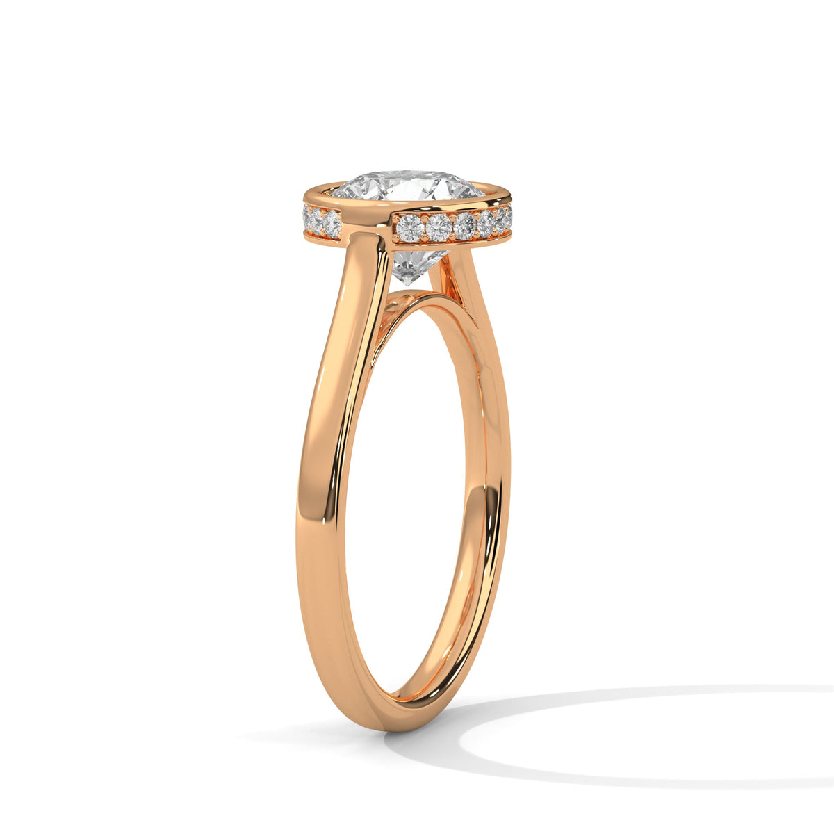 Rose gold ring with a large diamond on a white background 