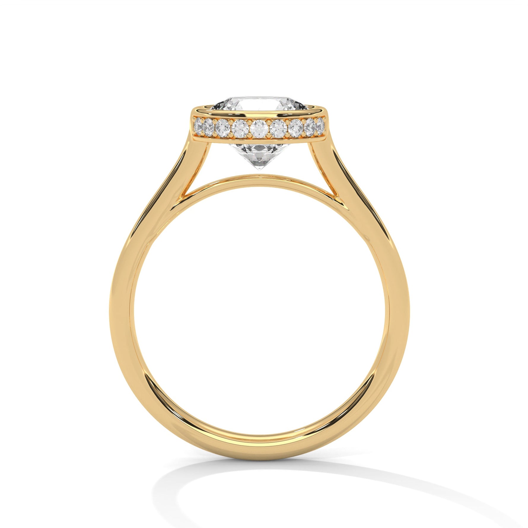 Gold ring with a large diamond on a white background 
