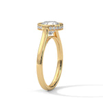 Gold ring with a large diamond on a white background 