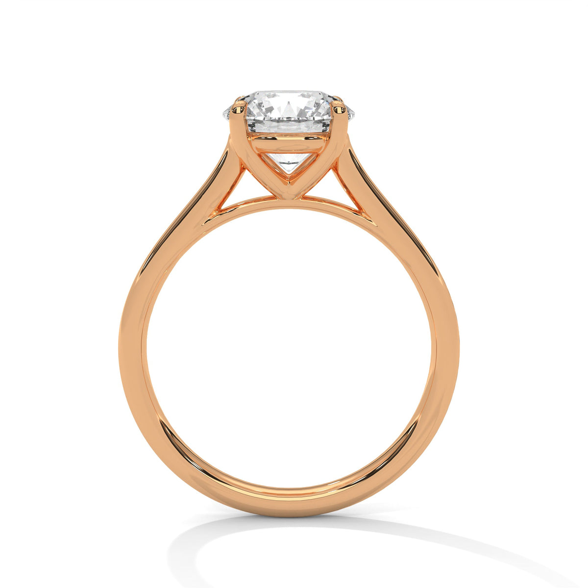 Rose gold ring with a large diamond on a white background 