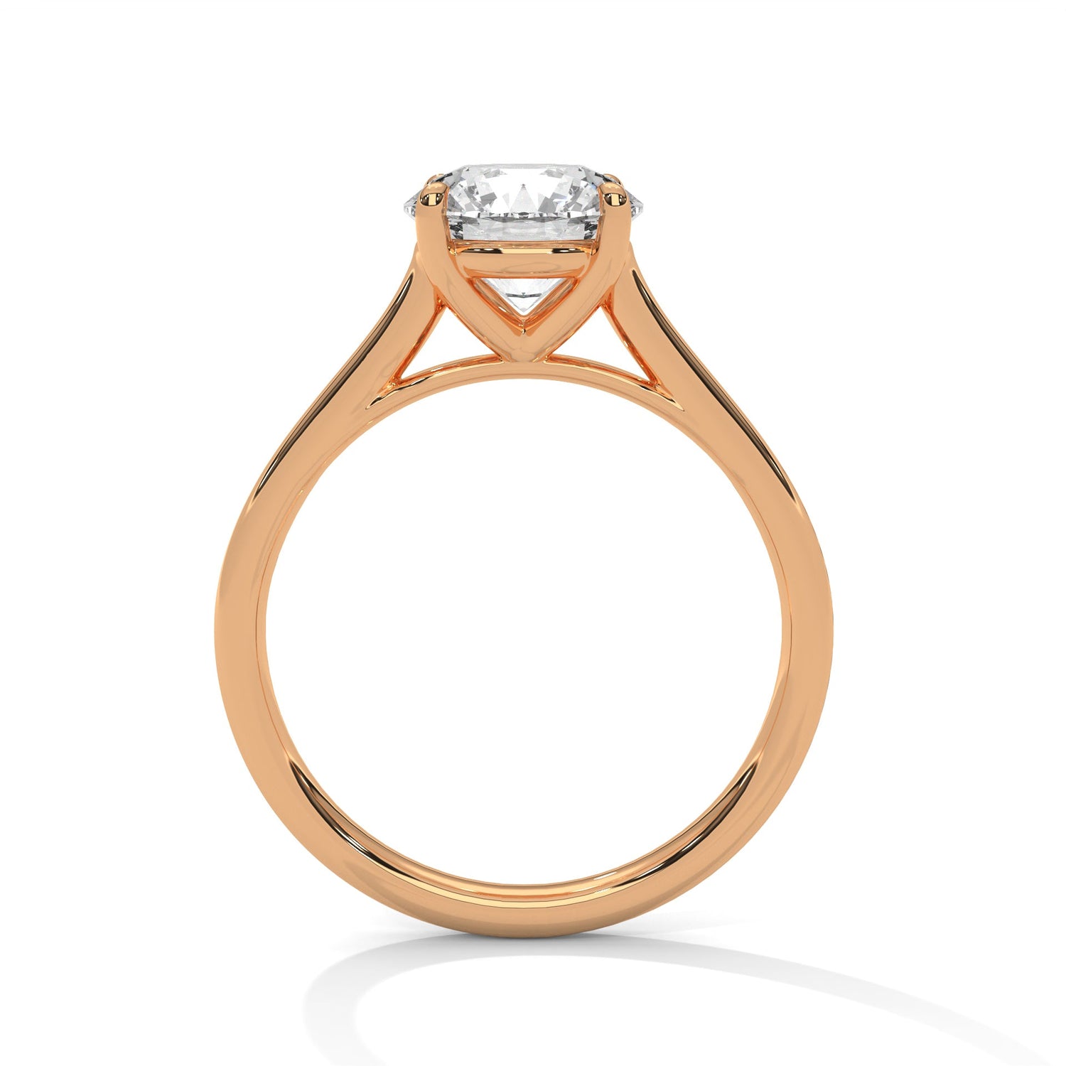 Rose gold ring with a large diamond on a white background 