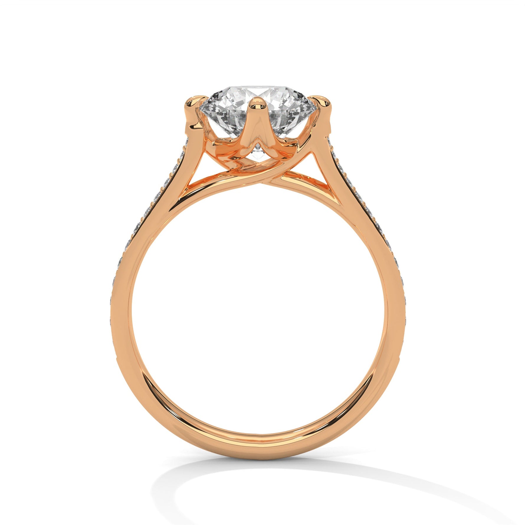 Rose gold ring with a large diamond on a white background #rose-gold