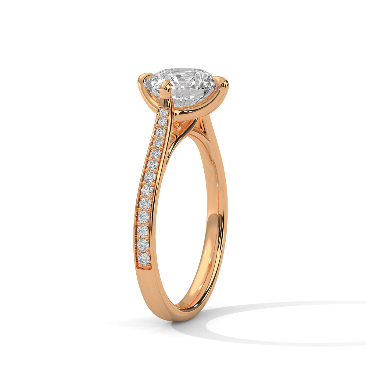 Rose gold ring with a large diamond on a white background 