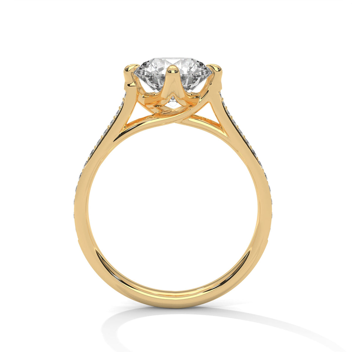 Gold ring with a large diamond on a white background 