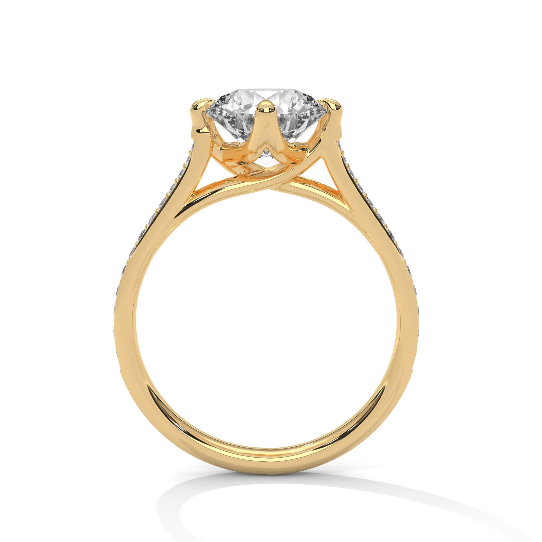 Gold ring with a large diamond on a white background 