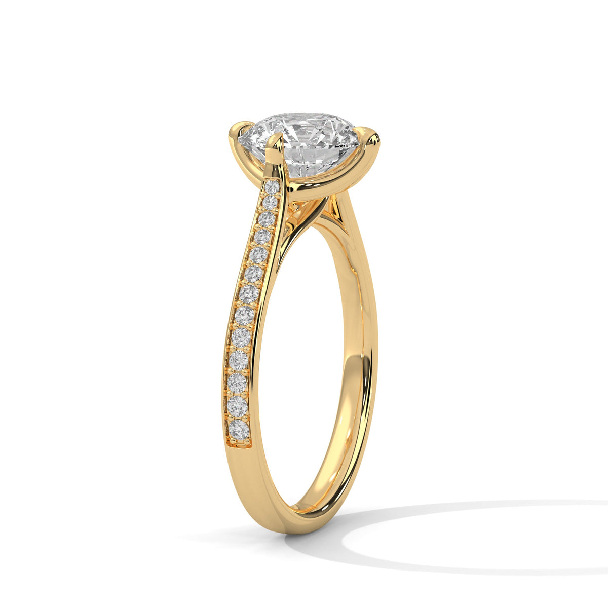 Gold ring with a large diamond on a white background 