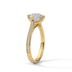 Gold ring with a large diamond on a white background 