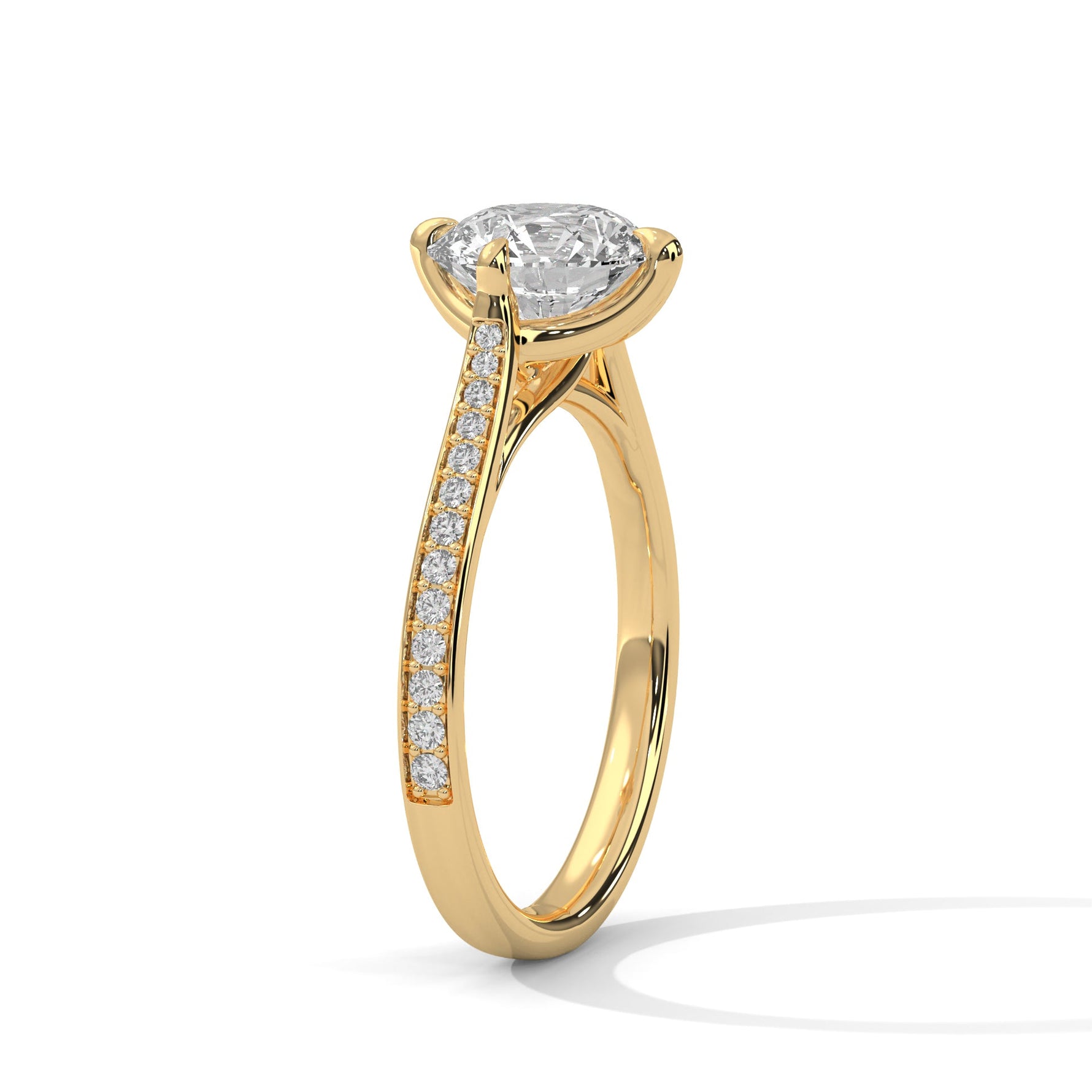 Gold ring with a large diamond on a white background 