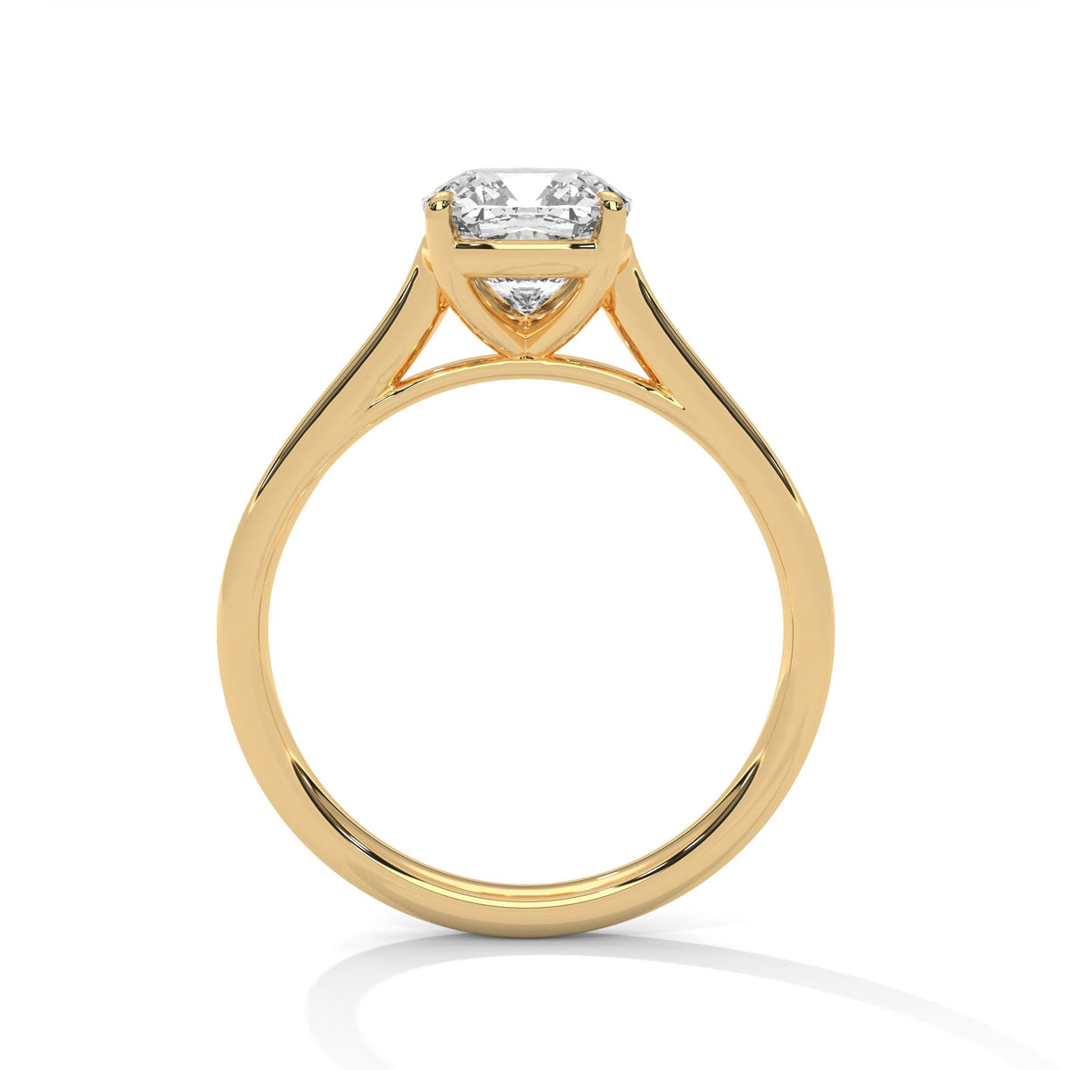 Gold ring with a large diamond on a white background 