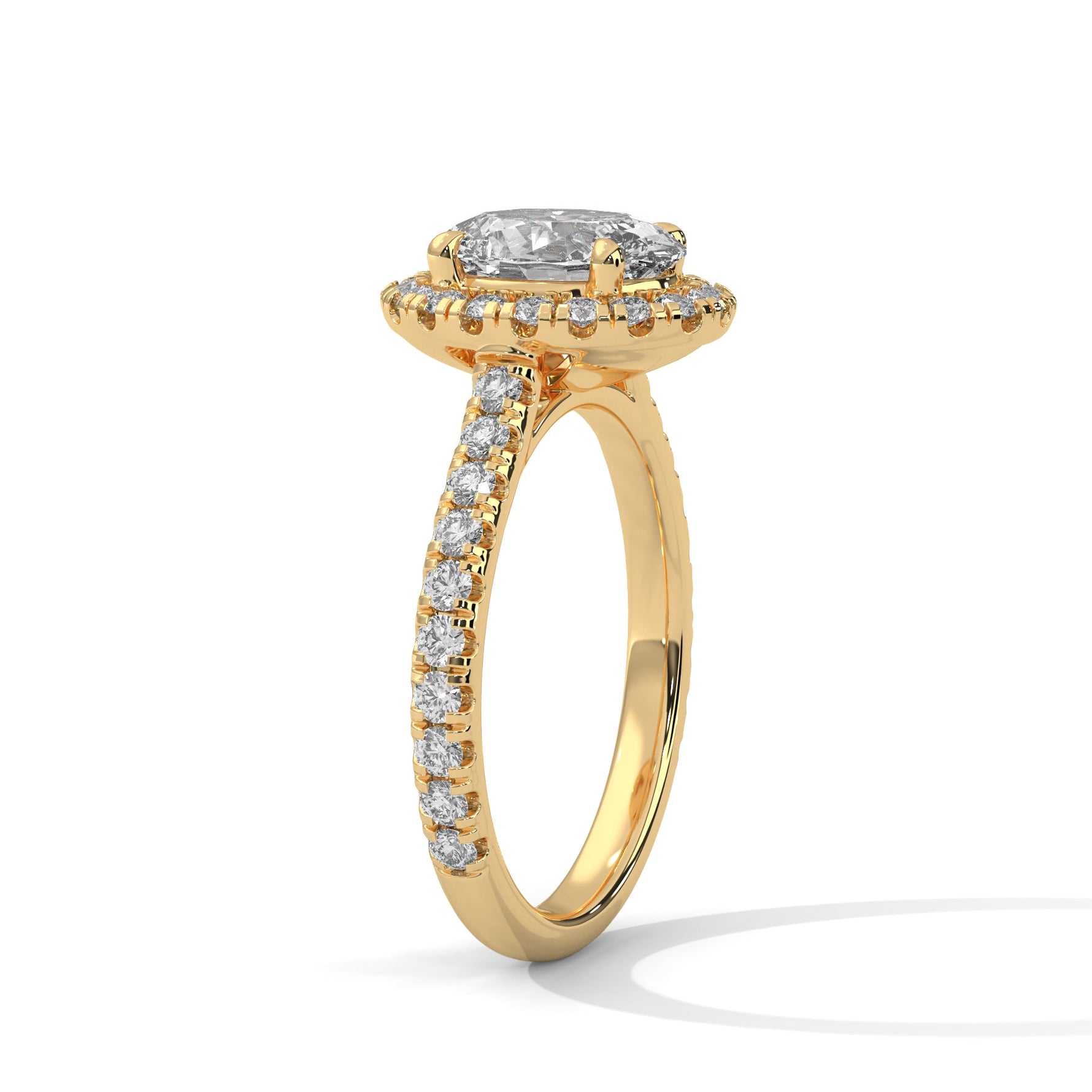 Gold ring with a large diamond on a white background 
